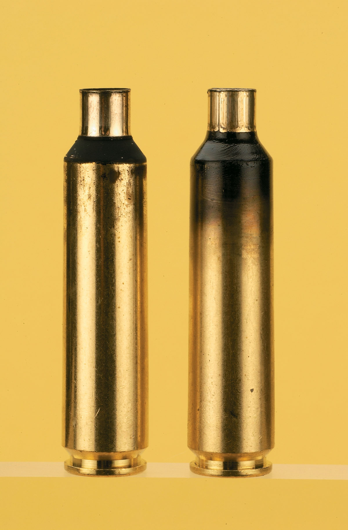 The case on the left is shown as the first step from .284 to .257 inch, while the case on the right was neck sized only after firing.